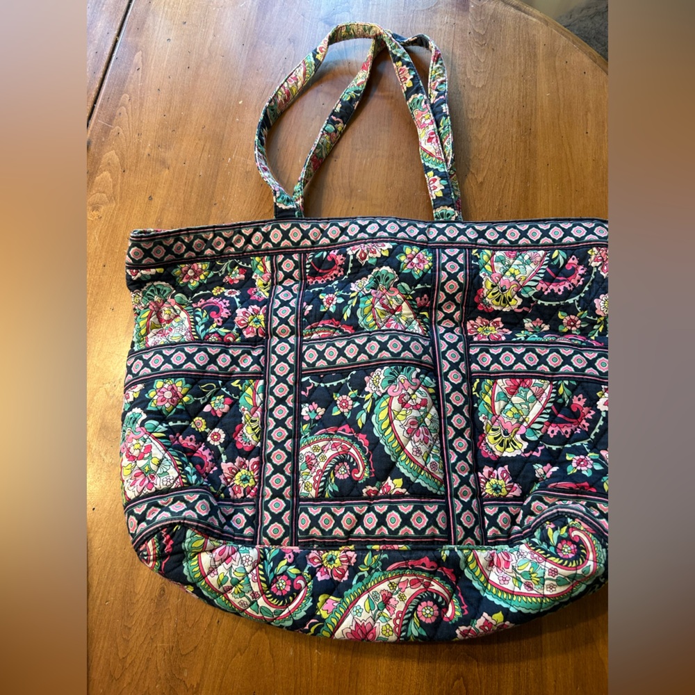 Vera Bradley Black Floral Paisley Quilted Tote with Pink Green Accents